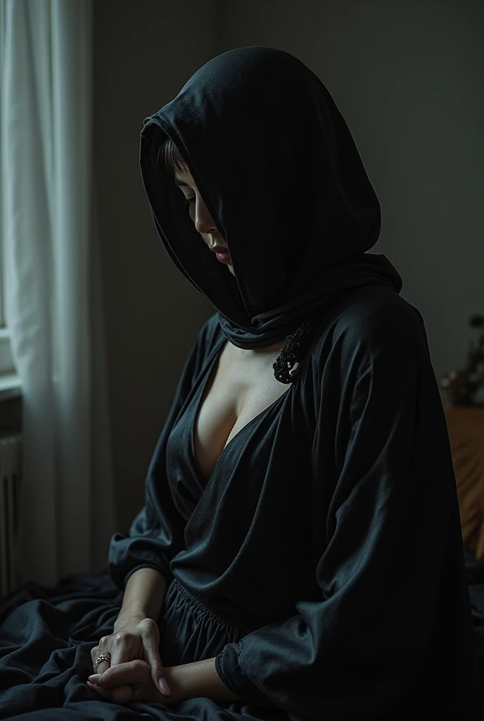 close up with a beautiful Gothic woman wearing a hijab, naked, half naked and sitting on the toilet , Her breasts are very big and very firm.,real photography, realistic, original, with droste style