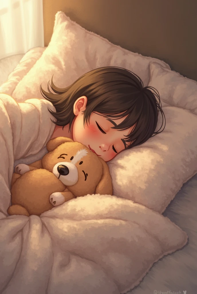 highest quality、High resolution、Detailed Background、(Beautiful face in every detail:1.4)、Anatomically correct、(Draw the usual number of fingers:1.2)、(Detailed facial expressions)、Teenage beauty、(Highly detailed face:1.4)、Cute pajamas with minimal exposure、Feeling warmth and happiness、Adorable moments between people and animals、

(A sleeping scene of a girl and a puppy sleeping together:1.5)、

A small puppy is sleeping on a fluffy bed、The cute sleeping puppy、Belly up、A human hand is gently touching the puppy&#39;s fur、It conveys the innocence and cuteness of puppies and the bond between humans and animals.