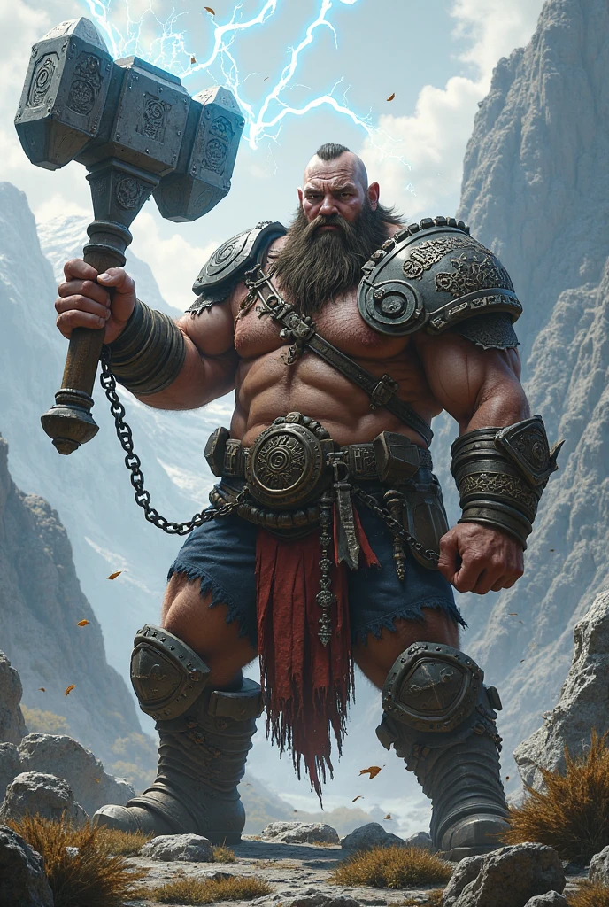 very muscular shirtless dwarf holding a two meter hammer in a green field at sunset