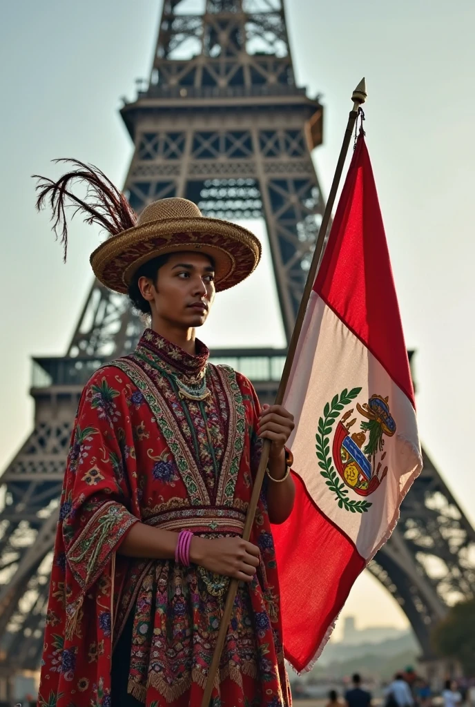 Child in traditional Guatemalan costume, holding the flag of Guatemala in his hands, behind the ruins of Peten