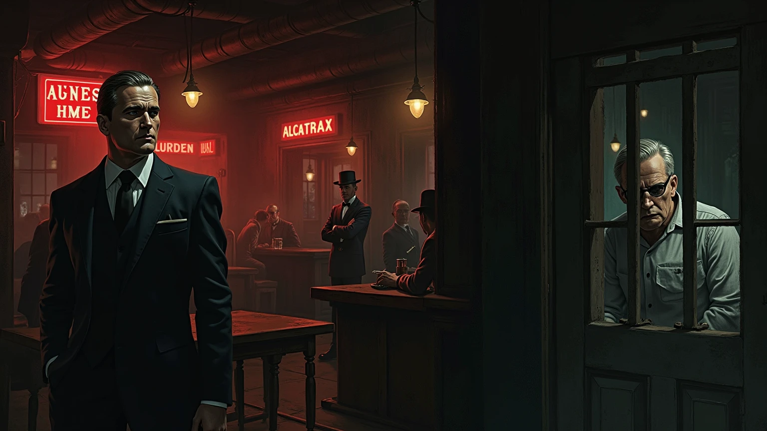 Infernal café interior, with chairs, tables and a bar coctel bar