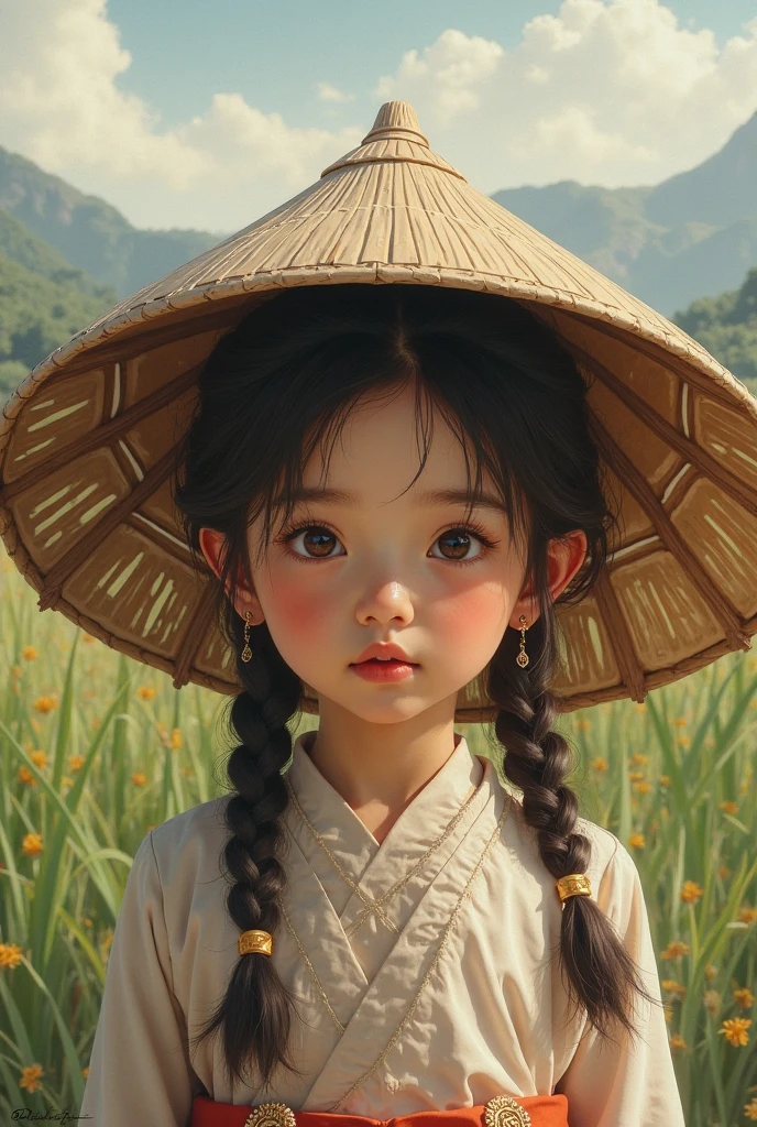 Painting a girl holding a bundle of rice in a field, Realistic cute girl painting, A beautiful artwork illustration。k hd,tmasterpiece,Works of masters,Cinematic texture,Perfect facial proportions,