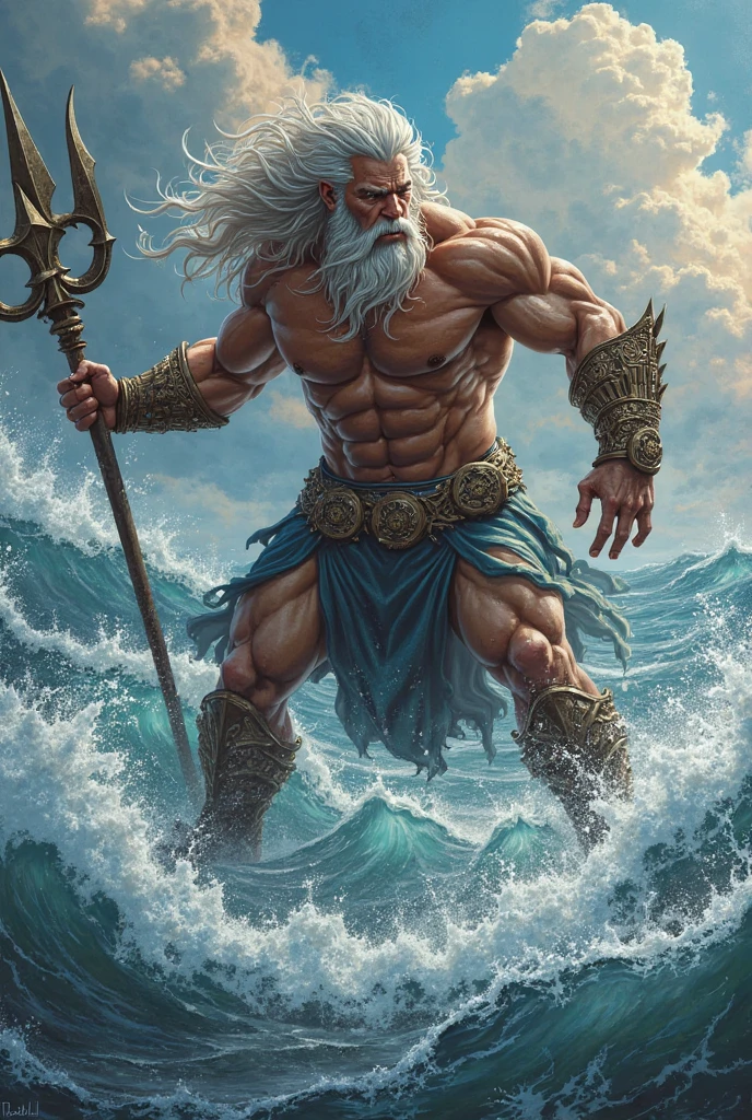 Poseidon with his trident and a very crazy chicken
