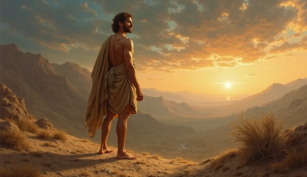 “ A male stoic philosopher with a well-proportioned and attractive physique, not excessively muscular. He is wearing classic tunics, slightly transparent, that gently drape over his body, subtly revealing parts of his shoulder, with a very short and well-groomed beard, and wavy, well-stylised hair. He is depicted in a moment of realization, perhaps interacting with a symbol of clarity or truth, such as light breaking through darkness or an illuminated path, with an expression of acceptance and readiness to act. The scene is set in a vibrant, impressionist landscape with rich colors and dynamic brushstrokes, creating a sense of movement and emotion. The background has a subtle texture that adds depth but complements the text without overpowering it.”