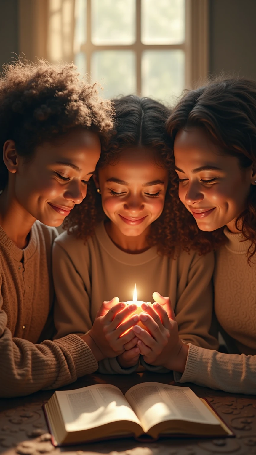 (photorealistic), a woman with (curly brown hair), serene expression, praying, sitting with two children, a boy and a girl, all wearing (black pants) and (vibrant orange t-shirts), cozy beige sofa, warm lighting creating a comforting ambiance, peaceful atmosphere, subtle details of a home setting, (HD), high-quality, emotional connection, family moment, connection to spirituality.