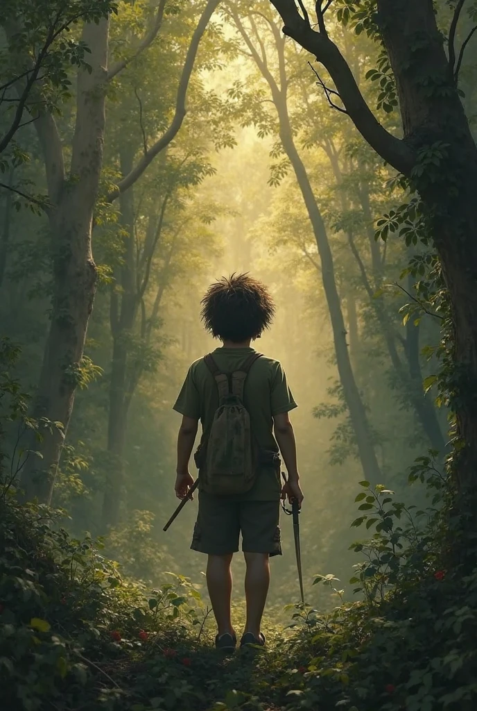 a boy in dark forest with smoking