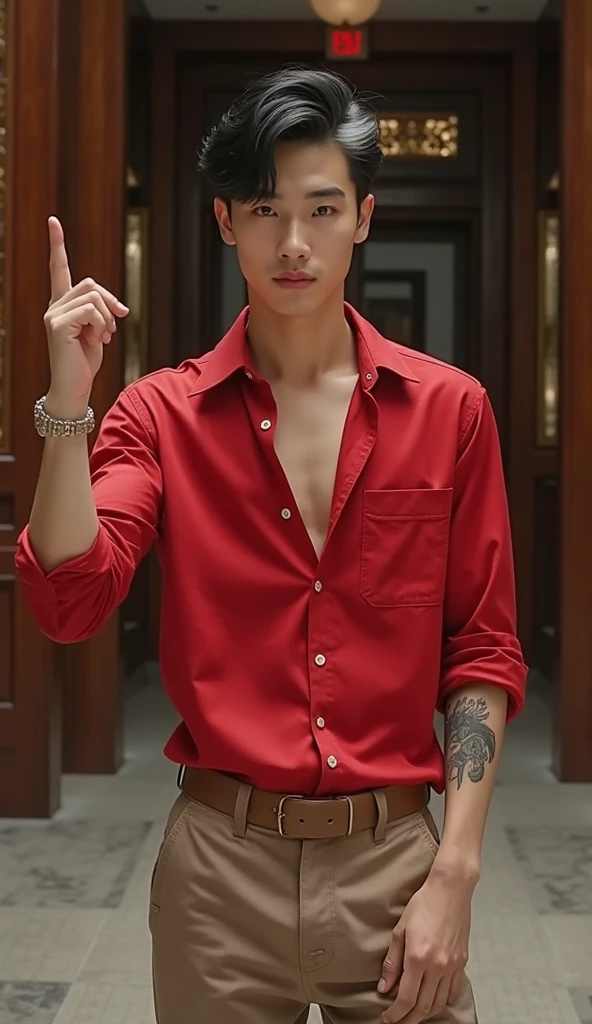 a muscular handsome man, extremely detailed face, perfect face, perfect body, short hairstyle, looking at viewer romantically, ruby red shirt, black pants, ruby necklace, sexy look, smooth skin, open formal shirt,