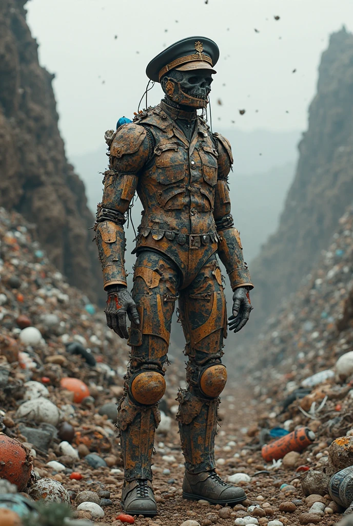 post-apocaliptic man, looking for water, wearing scrap metal armor, rust, rusty retro vechicle,