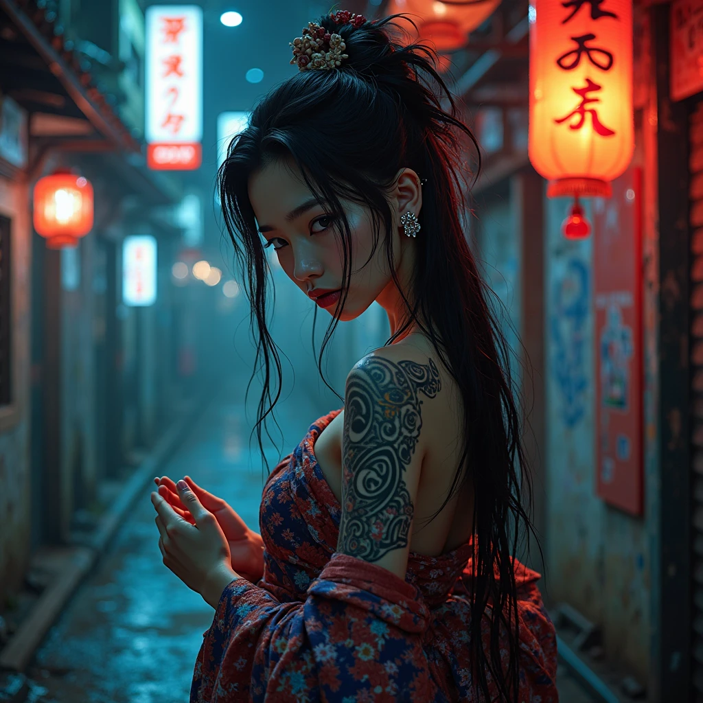 A cyberpunk geisha stands in a dimly lit, neon-lit alley, her sorrow etched deeply into her features. She is a young, slender Taiwanese woman with tanned skin and long, flowing black hair that cascades down her back (strong Asian features). Her kimono is traditional yet torn, revealing intricate details of its once-elegant design, now frayed at the edges. The kimono hangs so that her back is revealed as well as her shoulders and upper . The fabric is a rich blend of deep reds and blues, adorned with subtle floral patterns that hint at her adopted cultural heritage. 

Her pose is one of quiet despair—her head slightly bowed and angled toward the viewer, shoulders slumped, and hands clasped together near her  as if she is holding onto something fragile or trying to contain her emotions. The soft lighting from the surrounding neon signs casts a melancholic glow on her face, highlighting her sorrowful expression. Her eyes are wet with tears, reflecting the ambient light, adding depth to her emotional state. 

Neon tattoos glow faintly on her exposed skin, blending seamlessly with the futuristic aesthetic of the scene. These tattoos are ornate and detailed, featuring geometric patterns and symbols that suggest a fusion of traditional Japanese artistry with cybernetic enhancements. The tattoos appear to be alive with color, pulsing subtly with the rhythm of the neon lights around her. 

The alley itself is a mix of old and new, with weathered walls covered in graffiti and peeling paint, juxtaposed against bright, glowing lanterns and digital displays. The atmosphere is moody and atmospheric, reminiscent of works by artists like Kota Ezawa , Yoji Shinkawa , and Samurai Jack  creator Genndy Tartakovsky**, who often blend traditional Japanese aesthetics with futuristic elements. 

The overall mood is somber yet visually striking, capturing the essence of a world where tradition and technology collide, leaving the geisha as a poignant symbol of resilience and loss.