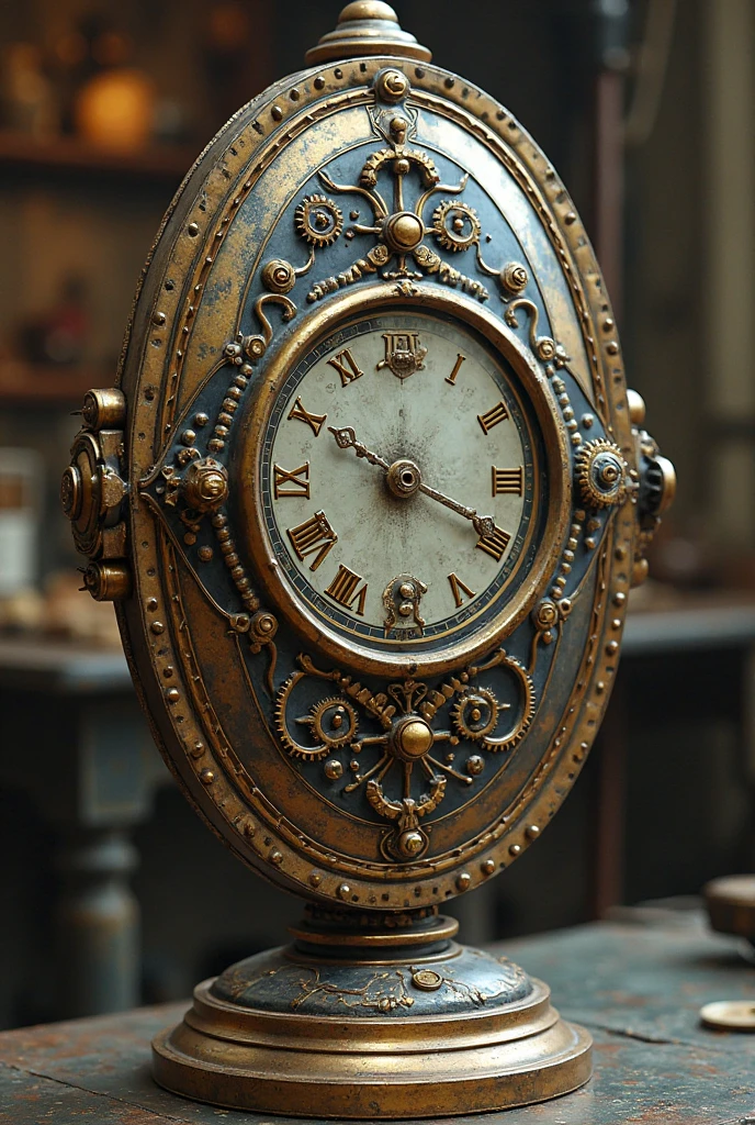 in the room of steampunk, , glowing clock_punk_finger_ring on the table, (depicting the highest quality:1.2), highest resolution, masterpiece, steampunk style.