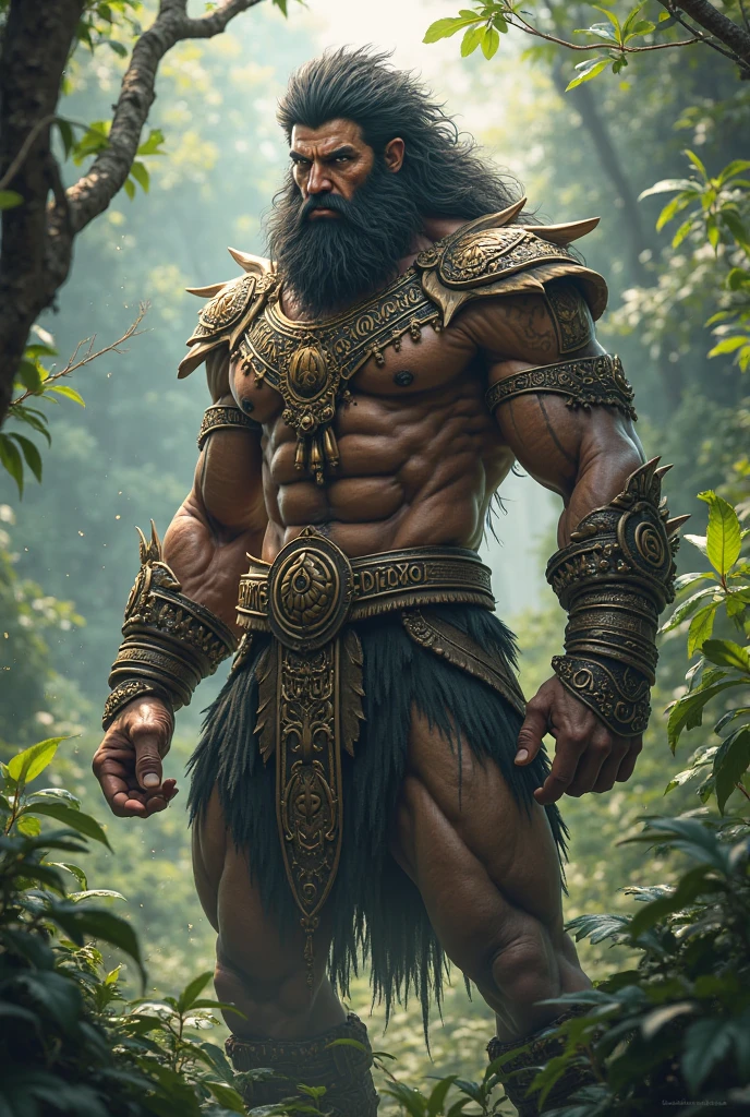 (photorealistic, masterpiece, detailed face, best quality, highres, 4k), Fantasy art style, Taurus the steadfast bull portrayed by a muscular male model exuding strength and sensuality with bull horns on his head. He is seen amidst a lush enchanted forest, his body adorned with skimpy and sexy armor with earthy and metallic accents representing his grounded and reliable personality.