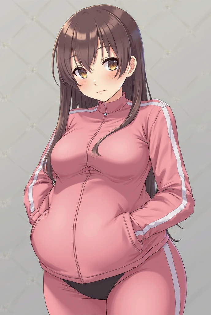 score_9,score_8_superior,score_7_superior,score_6_superior,sauce_anime,sumireko ogawa, One girl, alone,Sticking out tongue, Mischievous face, Heavy breathing, , Jacket, track Jacket, Hair Bun, superiorper body, blush, single Hair Bun, View your viewers, Large Breasts, Tracksuits, Thick eyebrows, Huge breasts, red Jacket, White Background 、Pregnant women、Put your hands on your stomach