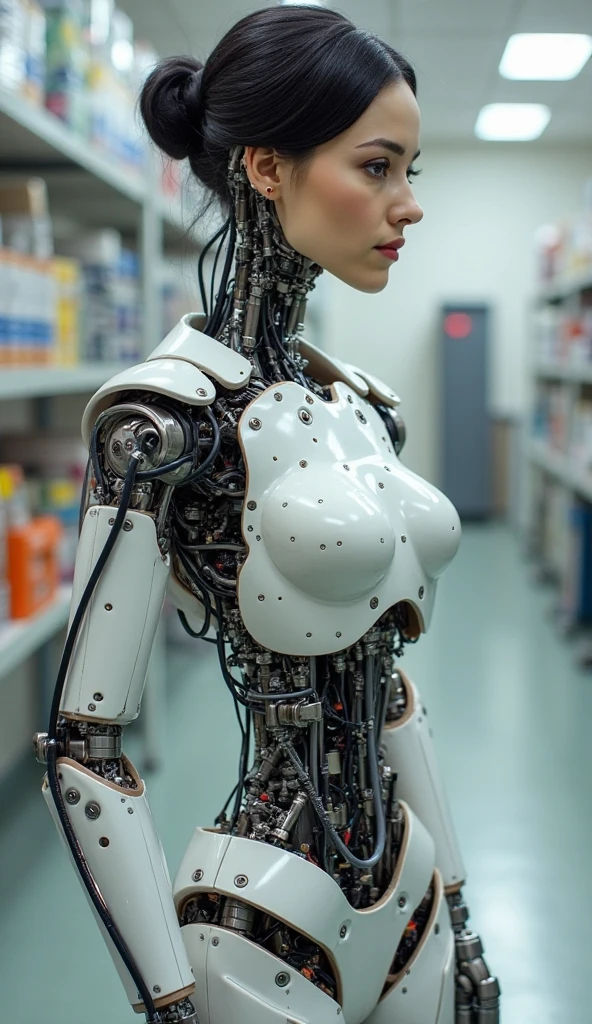 Masterpiece, Photo-realistic, (((beautiful female is a half human half robot))), (((metal and flesh fused together))), (beautiful face), accurate face, ((short dark hair)), ((((naked small perky breasts)))), ((dozens and dozens of individual cables, hoses & wires of various diameters plug into dozens of places on the body and head then radiate to unseen places out of frame))), cables pierce the body, hoses pierce the body, metal fittings on body, black rubber, glass, , (nsfw), ((((nudity)))), (((hi-tech laboratory background))), asymmetrical, rim lighting, fill lighting, (((medium-long shot))) ((((full body shot)))