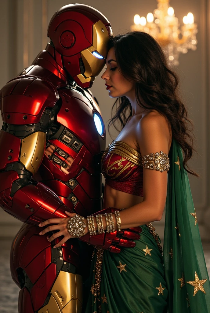 Iron man and his girlfriend kiss,  realistic , india background Taj Mahal