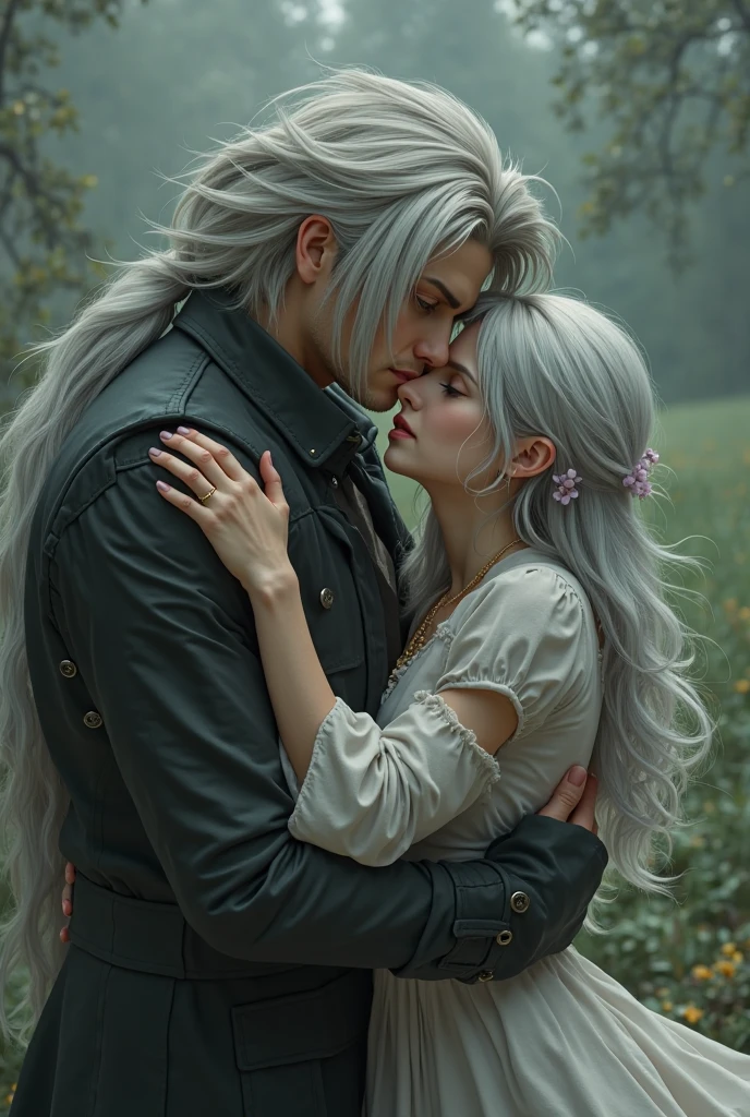 couple kissing, Women:light skinned with long wavy white hair and male:high de tez moraine, not very long wavy hair 
