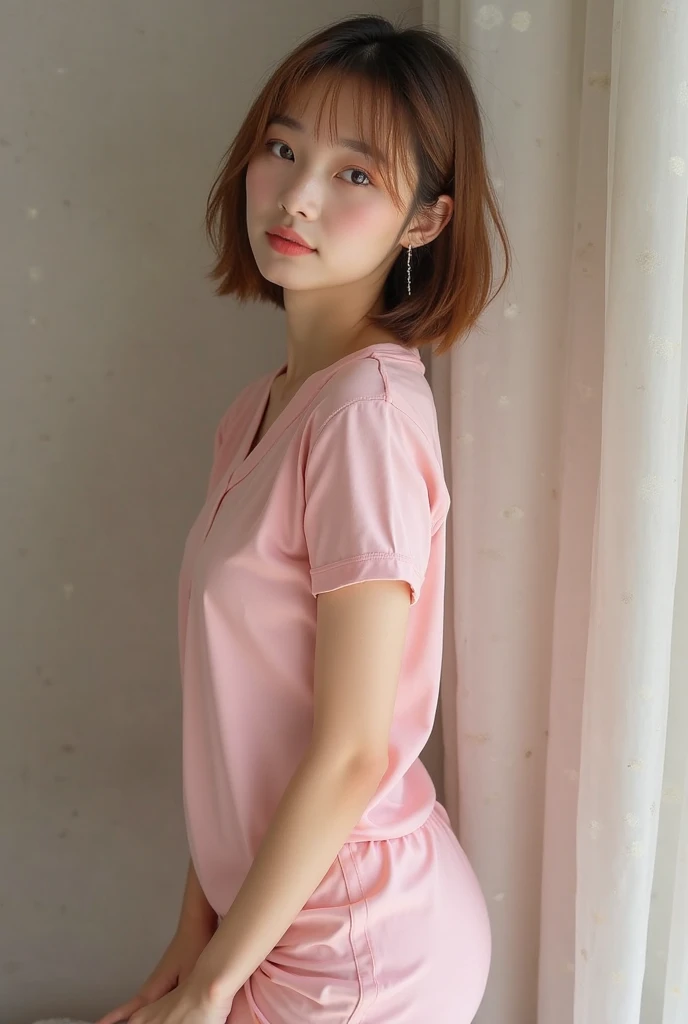 Highest quality、Japanese women、The most beautiful woman in the world、sexy、Golden hair color、Short Hair Style、Small face、Beautiful skin、noon、Large breasts、Realistic、Pink Shirt、smile
