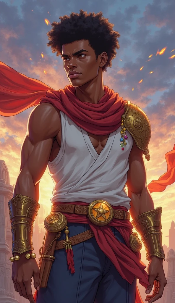 A semi-realistic anime-style illustration by Neyzer Arcallon, a young adventurer with brown (African) skin and short afro hair. He wears a sleeveless white tunic tucked into dark blue pants, with a crimson sash wrapped around his waist, fastened by a circular gold buckle with an arcane symbol. A crimson scarf is draped around his neck and shoulder, fluttering slightly in the wind. His left shoulder is protected by a decorative gold pauldron with engravings. Small magical ornaments, such as a dagger-shaped amulet and bright embroidery, hang from his belt. His appearance is heroic yet down-to-earth, with a faint magical fire swirling at his fingertips. The background is a twilight sky with distant ruins, the color palette warm, highly detailed and expressive.