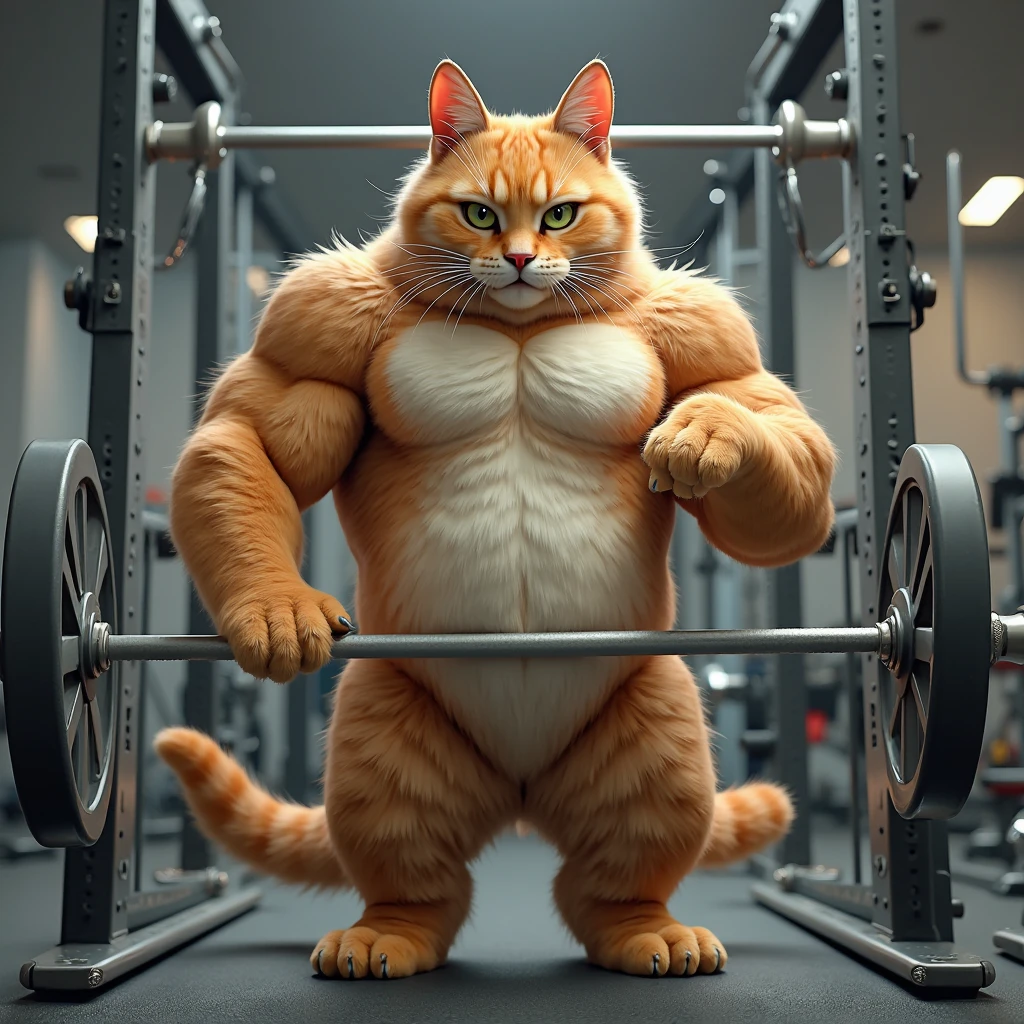 Draw a fitness cat，Standing form，Full of muscles，Portrait of American weightlifter from behind，Clean and jerk barbell，Overhead Barbell Press，Clench your teeth，Firm gaze，Working out at the gym。