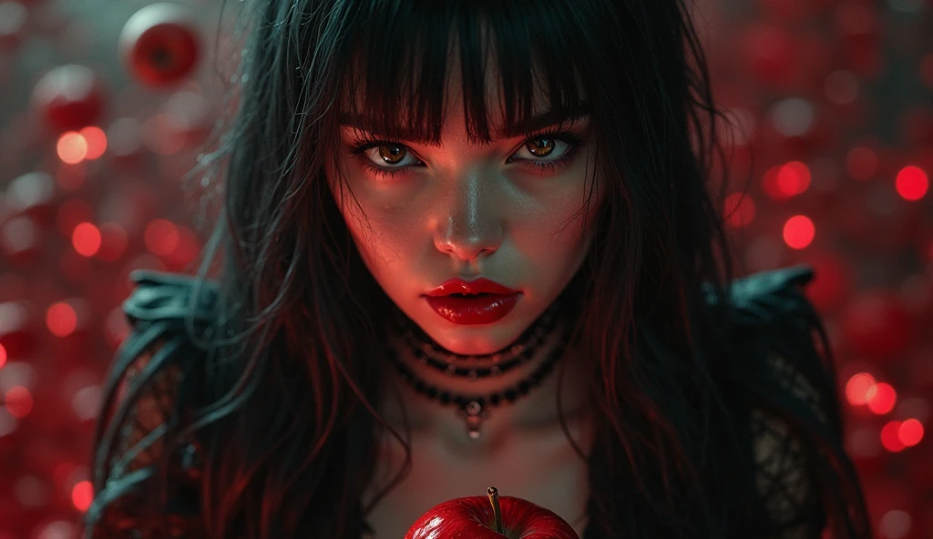Girl,Black long hair,Black Queen,accessories,Apple in hand,Poison apples,Witch Queen,Red lipstick , Masterpiece, high quality, high resolution, volumetric lighting, subsurface scattering, 8k, Beautiful woman, (morena olho azul skin), neon sky,cidade futurista neon, látex transparente vermelho, (large butt), large breasts, (long-sleeve blouse), (cotton-shorts:1.2), wavy