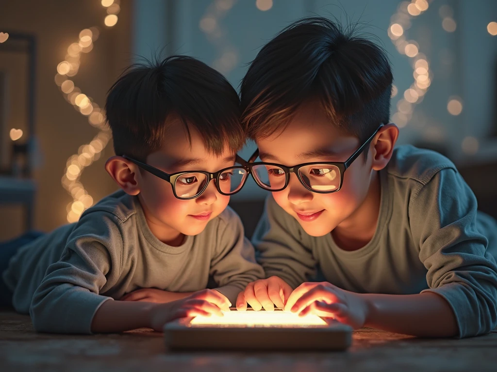 Create me an emotional picture about the other child holding a worn book while the other holding a laptop