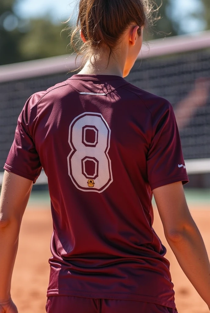 Foto hiperrealista en primer plano de Willa Fitzgerald, masterpiece, best quality, (photorealistic:1.4), full body,  (red oversize volleyball short sleeve jerseys and shorts:1.2) in the volleyball hall,, cinematic light, beautiful woman, skinny, small breasts, straight brown hair, ponytail hairstyle, detailed face, smile, photo taken from a distance, age 20 tears old
