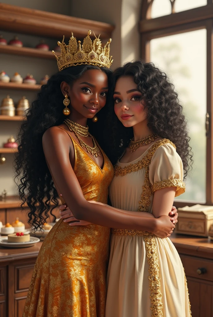 black queen with daughter, queen like Zendaya, zendaya adulte with daughter, curly hair, ((African queen with long black curly hair)), (((daughter has blond curly hair))), (((dark skin))), (((cute hairstyle))), luxury dress, queen crowned, princess crowned