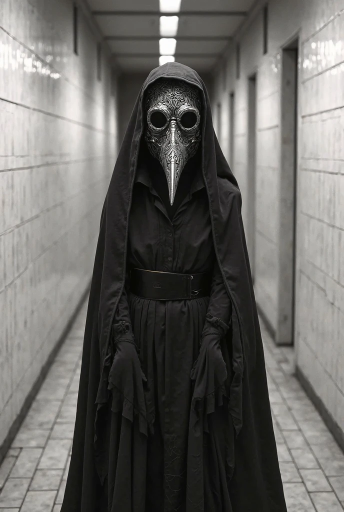 female plague doctor, big breasts, black jacket, white undershirt, big beak