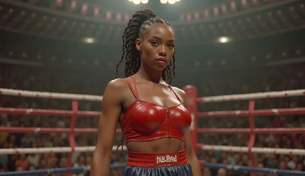 mature african girl, 30 years old, light skin, smiling, big , super big breasts, big breasts nice lips, boxing costume, curvy body, in the boxing ring, pixie cut, curly hair, pixie cut, curly hair, beautiful, shorts