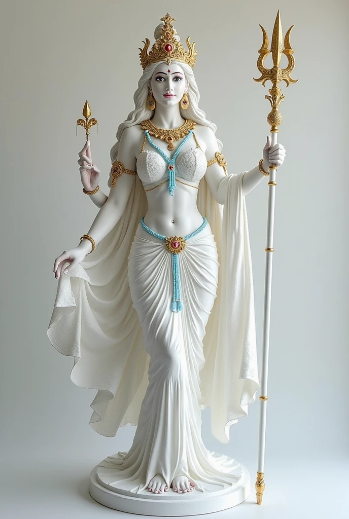 1 white marble statue of goddess Saraswati with marble clothing and golden ornaments