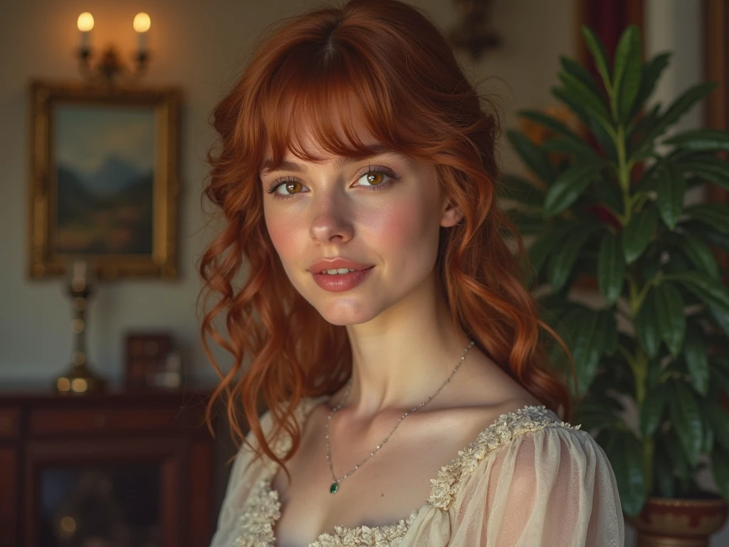 hyper photorealistic, ethereal beauty a cute peasant woman, face identical to Bryce Dallas Howard, small European village, (42 years), youthful, soft contoured, sweet sweet soft smile, (detailed face and eyeull body portrait,  (extremely sexy), Masterpiece, pleasure, massive breasts, Full figured woman, full body, expression enjoyment, idyllic aura, medieval environment, cinematic lighting, reddish smooth hair, blunt bangs, fine facial traits, Slim physique, (depth of field), ultra detailed, cinematic