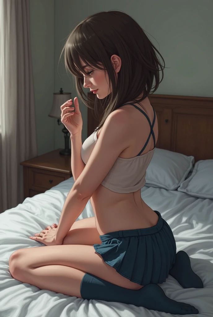 1 Girl, white girl, thot, Blushing,  (((Wet Skin)), short shiny black hair, beauty, top heavy lips, cat eye eyeliner, Indoors, (on_back), Crotch, Bottomless, Abrola Prisoner, Torn Clothes, See-Through Bra, See-Through Panties, Metal Collar, Shackles, Slaves, Chains, Shackles, The World of Marquis de Sade, Best Quality, Masterpiece, Ultra High Res, ( photorealistic:1.4), RAW photo, white top and denim shorts, visible thong straps, big boobs, mischievous look on face, thong, smokey eyes. ((girl pulling down her shorts))