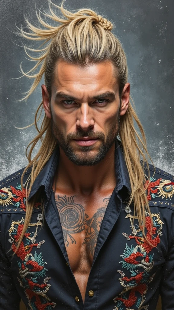 man with tattoos, long blonde hair, gold eyes, muscular