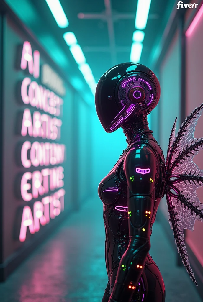 Street art style following text:"by radiation". Above text a futuristic cyberpunk-inspired female android with the graffiti-style text:"by radiation". Insanely Creating design masterpiece. The android's sleek, glossy body is covered in vibrant, colorful panels, seamlessly blending advanced technology with bio-mechanical structures. Poster with following title "by radiation". Insanely Epic photo shoot.  POSTER masterpiece with street art style following text:"by radiation". Required text: "by radiation". Insanely typography. Text organic design. Visual balance and text of the image. Insanely Creating android absoluty nude
nude