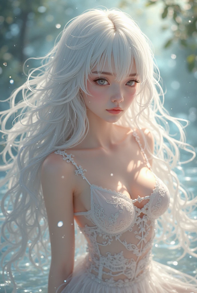 Close-up of a woman in a white dress sitting in the water, perfect White hair girl, Ethereal Beauty, White hair, Beautiful and charming anime woman, White hair girl, Attractive anime girl, 飘逸的White hair, 有着长长的White hair, 有着长长的White hair, Gu Weiss, Beautiful body and face, White hair, Fair and shiny skin