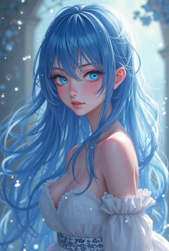 a women, blue hair, blue eyes, white dress