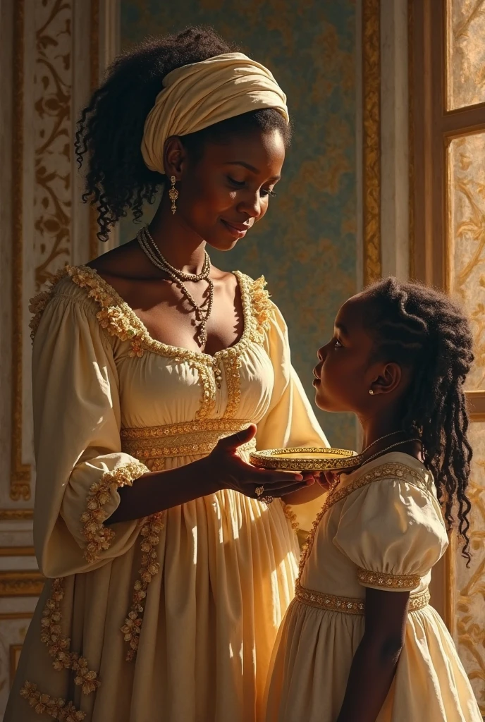 ((best quality)) ((detailed)) ((masterpiece)) Lightskin, black really long curly afro hair, brown almost black eyes , Victorian era, queen, castle, ancient makeup, a baby is on the picture, painting like, Renaissance style, lightskin, really big and royal queen dress, really big crown, lightskin female, mature looking