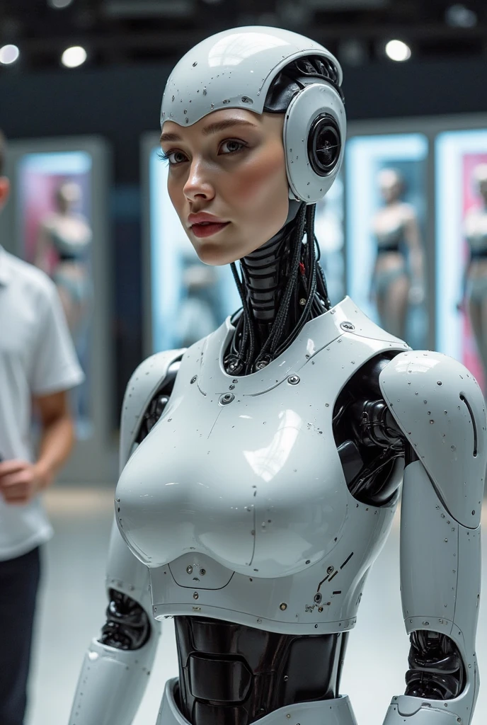 An exhibition showcasing AI-equipped autonomous female androids exhibiting various sex positions, adorned with a beautiful face and seductive gestures. The androids' eyes, lips, and faces are exquisitely detailed, creating a mesmerizingly realistic appearance. The exhibition is a masterpiece of modern art, combining the mediums of sculpture and technology to blur the boundaries between human and machine. The androids' bodies are crafted with ultra-realistic materials, utilizing physically-based rendering techniques to achieve a photorealistic effect. The lighting is carefully designed to accentuate the androids' features, with studio lighting creating a captivating atmosphere. The colors exhibit a vivid and alluring palette, enhancing the seductive nature of the exhibition. The exhibition boasts high-resolution visuals, such as 4k and 8k displays, allowing visitors to immerse themselves in the intricate details of the androids' bodies and expressions. The scene is further enhanced by elements such as bokeh, creating a dreamy and ethereal ambiance. The exhibition combines elements of photography and concept art, resulting in an innovative and provocative art form. (NSFW:1.5), Her chest, stomach, and genitals are covered with artificial skin. Sex androids have beautiful, sexually attractive faces that are so detailed that they are indistinguishable from real humans There are Italian girl, Russian girl, Saudi girl, and Japanese girl types. Their eyes are blue.