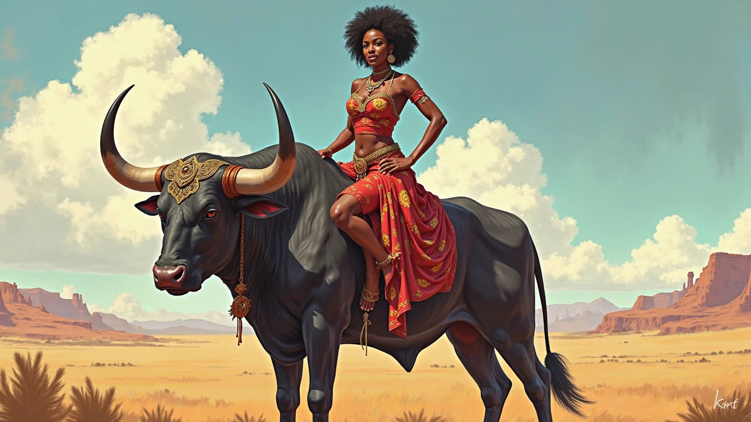 A thick black woman with a ((bull horn crown)) made of diamonds riding a Bull, bull zodiac sign, black woman riding a bull, black hip hop clothes, afrofuturism, hip hop clothes, rapper, ultra quality, beautiful face, curly Hair, very detailed