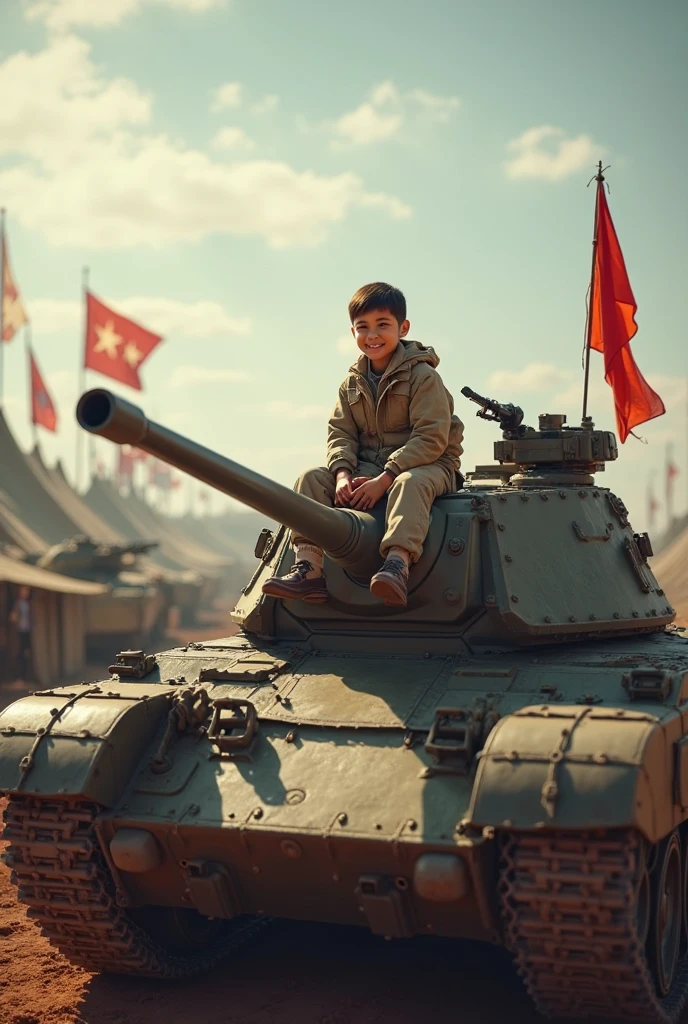 A thin teenage boy with glasses stands against the background of a parade of fantastic tanks on Red Square