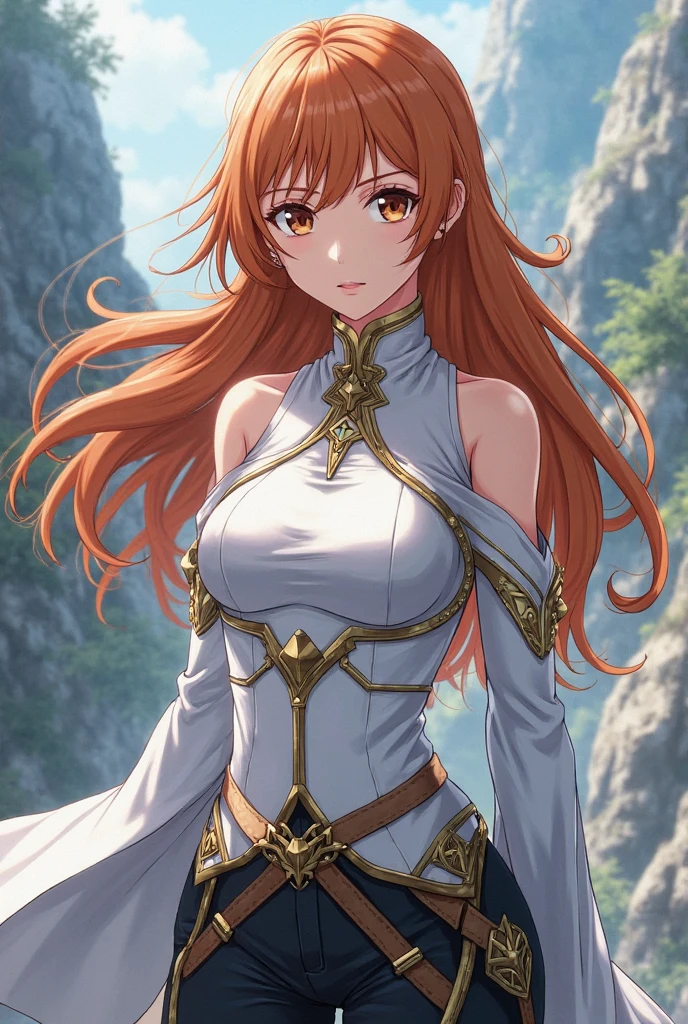 ((Highest quality)), ((masterpiece)), (detailed), （Perfect Face）、The woman is Maya Cordelia, with medium-long orange hair, wearing a black outfit with gorgeous gold embroidery and trim, a black transparent cape, and gorgeous accessories.