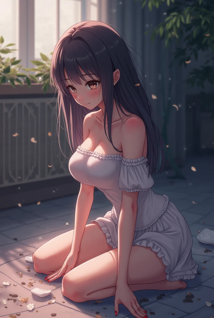 Girl sitting upright、looking up at camera、fullnude、Dark hair、length hair、brown-eyed、embarassed face、Hands tied behind your back、are visible、Crying face