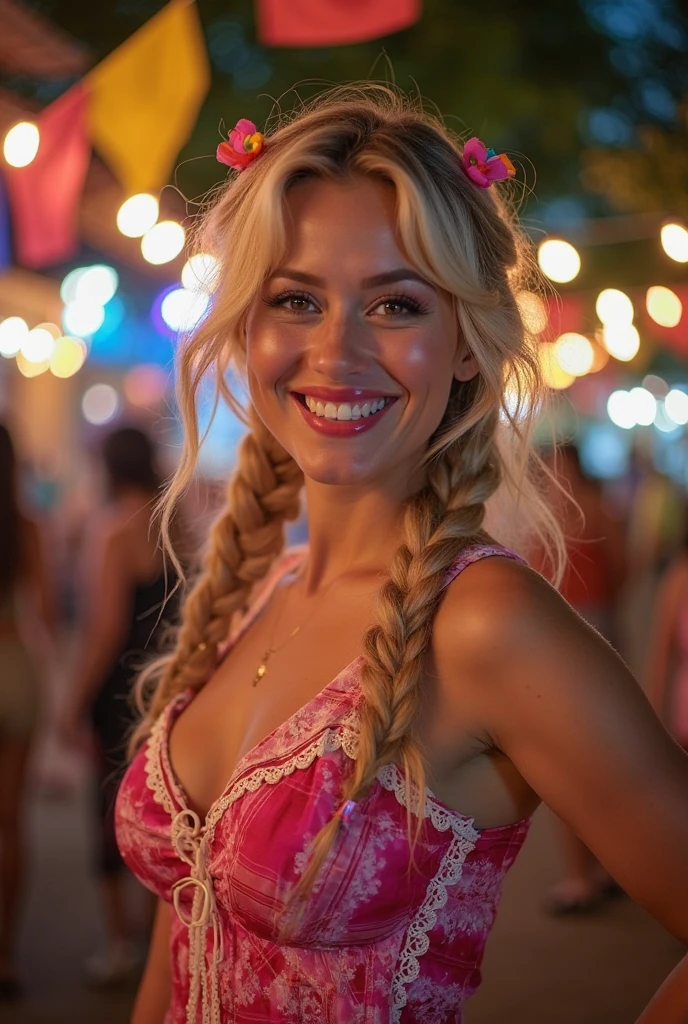 Create an incredibly realistic image of a young woman, who matches the details from the uploaded photographs, at a lively fairground, visibly enjoying a fluffy, pink cotton candy. Her hair is a splendid golden blonde, styled in a joyful and carefree manner, echoing the exuberant atmosphere of the fair. Her eyes, a radiant shade of blue, should sparkle with delight as she takes a bite of the cotton candy, reflecting her enjoyment of the sweet treat. Her skin is fair and immaculately smooth, with a texture that glows under the bright, festive lights of the fair. Her lips are a soft, natural pink, with some cotton candy fibers playfully stuck to them, adding to the authenticity of the moment. She's dressed in a fun and fashionable outfit, like a comfortable yet stylish top with denim shorts, fitting the casual and happy setting of the fair. The fairground is full of attractions, such as colorful booths, rides, and a bustling crowd, creating a backdrop full of life and excitement. The lighting should be lively and dynamic, highlighting her joyful expression and the whimsical nature of the scene. Focus on depicting her golden blonde hair accurately and capturing the lifelike details of her enjoying the cotton candy, especially the joy in her eyes and the playful aspect of her lips. The image should have the quality and vibrancy of a high-end lifestyle or entertainment magazine photograph.