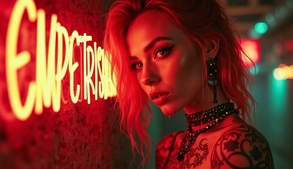 Stripper in a night club, sensual pose, ultra detailed, red lights, red neons.
