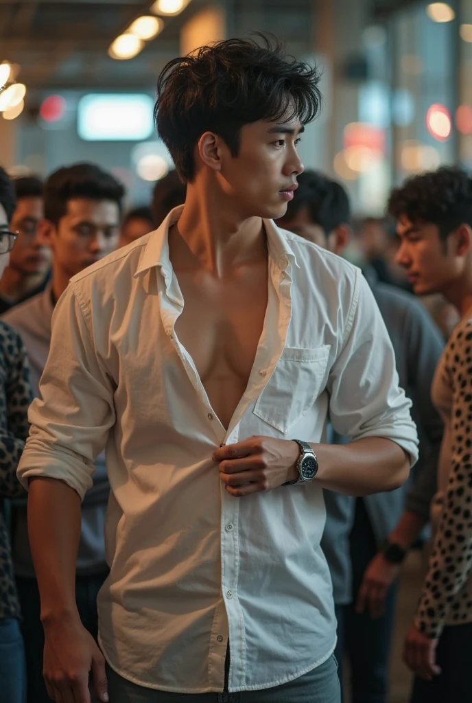 In the midst of a city at dusk, a young Chinese boy stands on a cobblestone street, bathed in the warm, orange glow of the setting sun. The sky behind him is painted with hues of pink and orange, casting a dreamlike filter over the scene.

His hair is straight and natural, with bangs softly brushed by a gentle breeze. His face is youthful and clean-shaven, exuding an innocent charm. He wears a simple white T-shirt that clings to his muscular frame, highlighting his well-defined pecs and strong muscles. He is dressed in shorts, which show off his athletic legs. His hands rest casually at his sides, conveying a relaxed and confident demeanor.

Behind him, the lively street is lined with shops and neon lights that twinkle in various colors. People hustle and bustle, but he seems detached from the commotion. His gaze is soft and contemplative, fixed on the distant horizon, as if lost in thought. A faint smile plays on his lips, though his eyes reveal a hint of sadness and nostalgia.
((depth of field)),((open and vast place)),telephoto lens,(((close-up))),(chest focus),(((perspective from below))),(simple background),(simple color),((blurry)),(horizon),
 1boy,cool guy,peaceful,((floating short hair)),((((bangs)))),(((soft clean hair))),(((silky skin))) ,((smooth skin)) ,clean body,(clean face),((smooth face)),(natural pretty face),((adam's apple)),((looking at you)),((solo)),(teenage),(wind),(chin up),(hopeful),
((skin tight open shirt)),(mini white shirt),see-through,
(narrow waist),slender waist,muscular,(broad shoulders),((huge wide chest)),(((huge plump chest)))