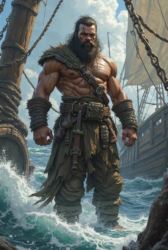 Hyperrealistic image of a steampunk pirate merman superhero with gray hair and very long hair wearing a headscarf and hoop earrings in his ears an eye patch very old and very sweaty bodybuilder over 80 years old..very muscular and fat, weighs more than 200 kilos with a bare torso, large and flaccid pectorals. Brown nipples and big gray mustaches standing on the deck of a pirate ship in a rough sea dressed in brocatto slipper pants and a satin sash at the waist