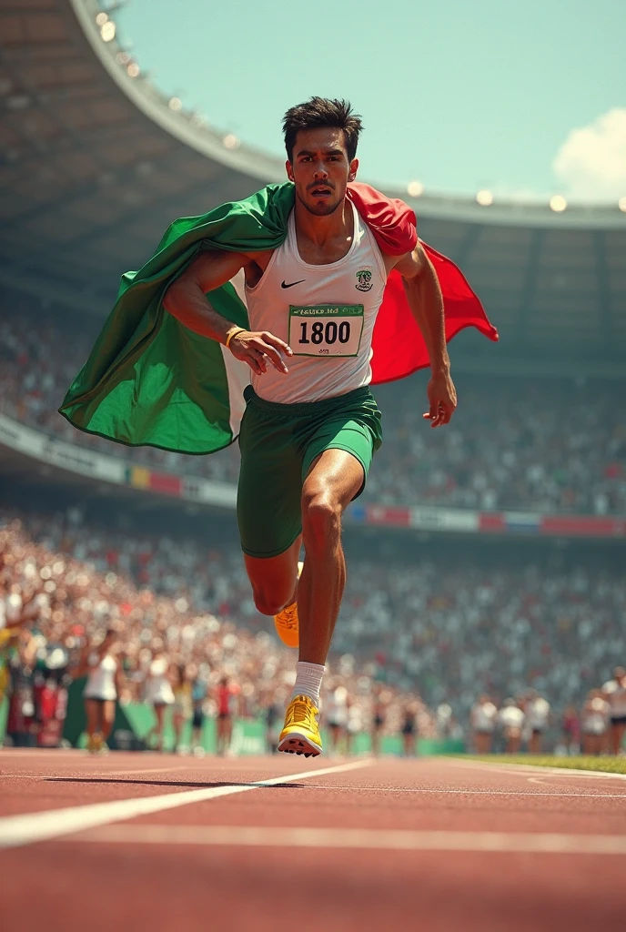 Refugee Olympic team athlete running with a net as a flag tied around his neck and hugging his body