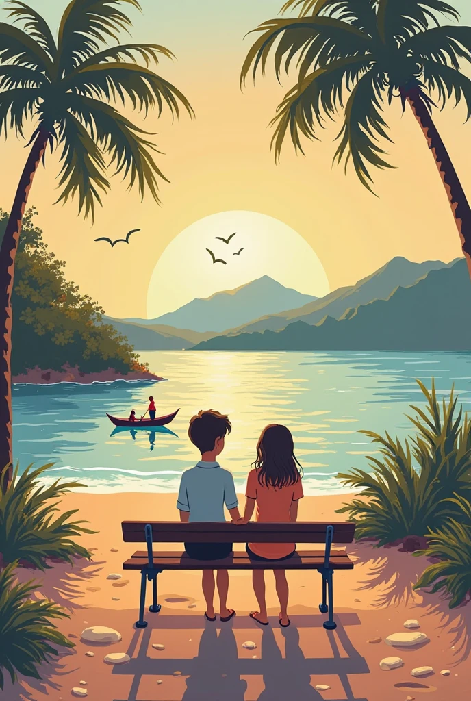 Give me a soothing picture of a couple with cycle beside the seashore at the time of dawn, from the japanese bridge.