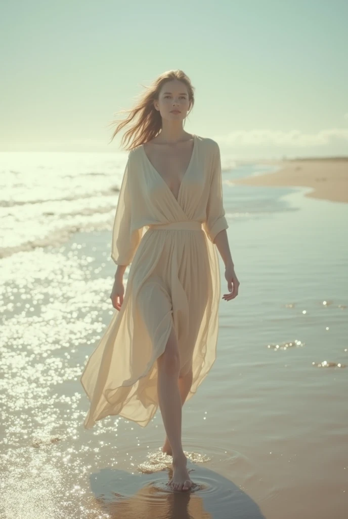 A woman on the beach,Facing the camera,Extend your arms and legs forward,No shoes