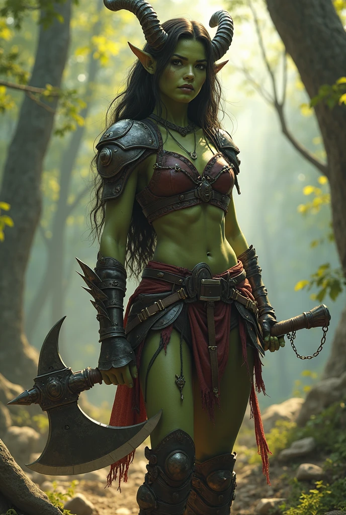 (highres:1.2),ultra-detailed,(realistic:1.37),beautiful african,half-orc warrior, soft facial features, (((green skin))), (((bare chest)), ((erect nipples)), (((chainmail armor))), red eyes, (((wielding a battle axe))), long wavy hair, on a battlefield, fighting demons, low lighting,shackles,desperate look,fine artwork,detailed background,soft shadows,vivid colors,surreal atmosphere,subtle textures,very beautiful,emotionally charged, (((no nude))), full body pose
