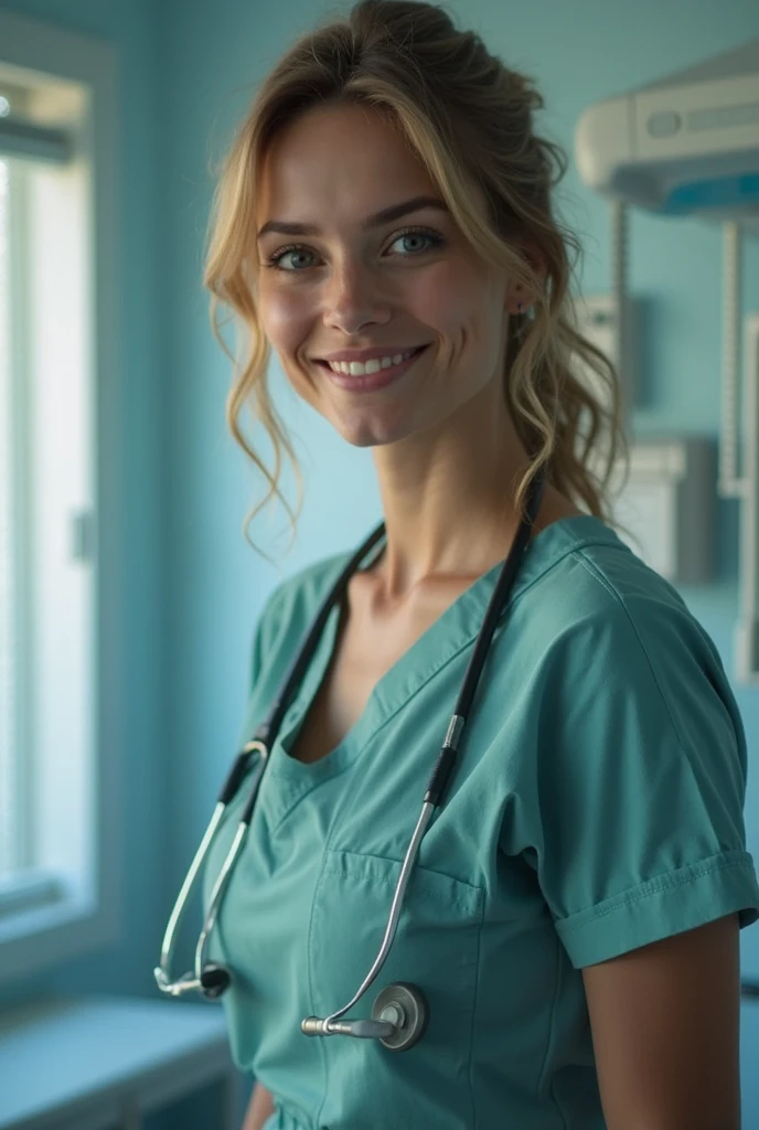 Full length portrait of a beautiful 24 year old blonde woman, wearing a nurse uniform, hospital, natural soft lights, 85mm canon lens, realistic portrait, Very detailed, analogue style, deep cleavage, sexy pose, big breasts, nerdy glasses, laughing out loud, from below, mostrando sugestivamente los pechos